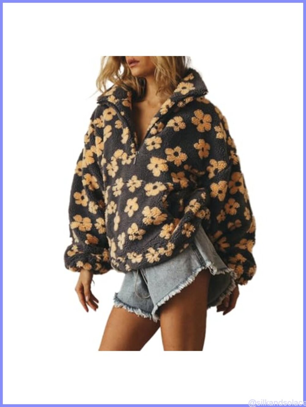 Womens Floral Sherpa Fleece Half Zip Oversize Pullover Sweatshirt Cozy Y2K Faux